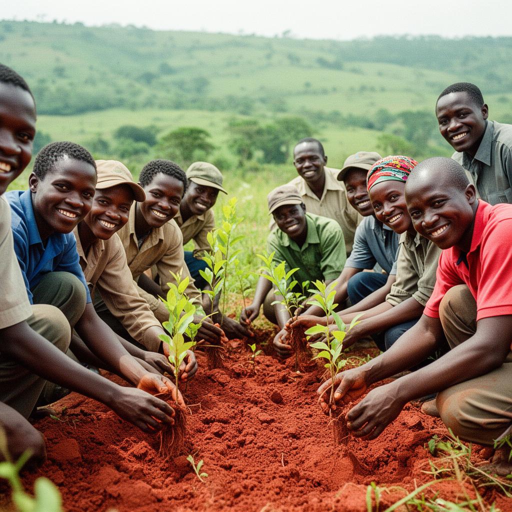 A Kenyan community field team planting indigenous tree seedlings together in red highland soil