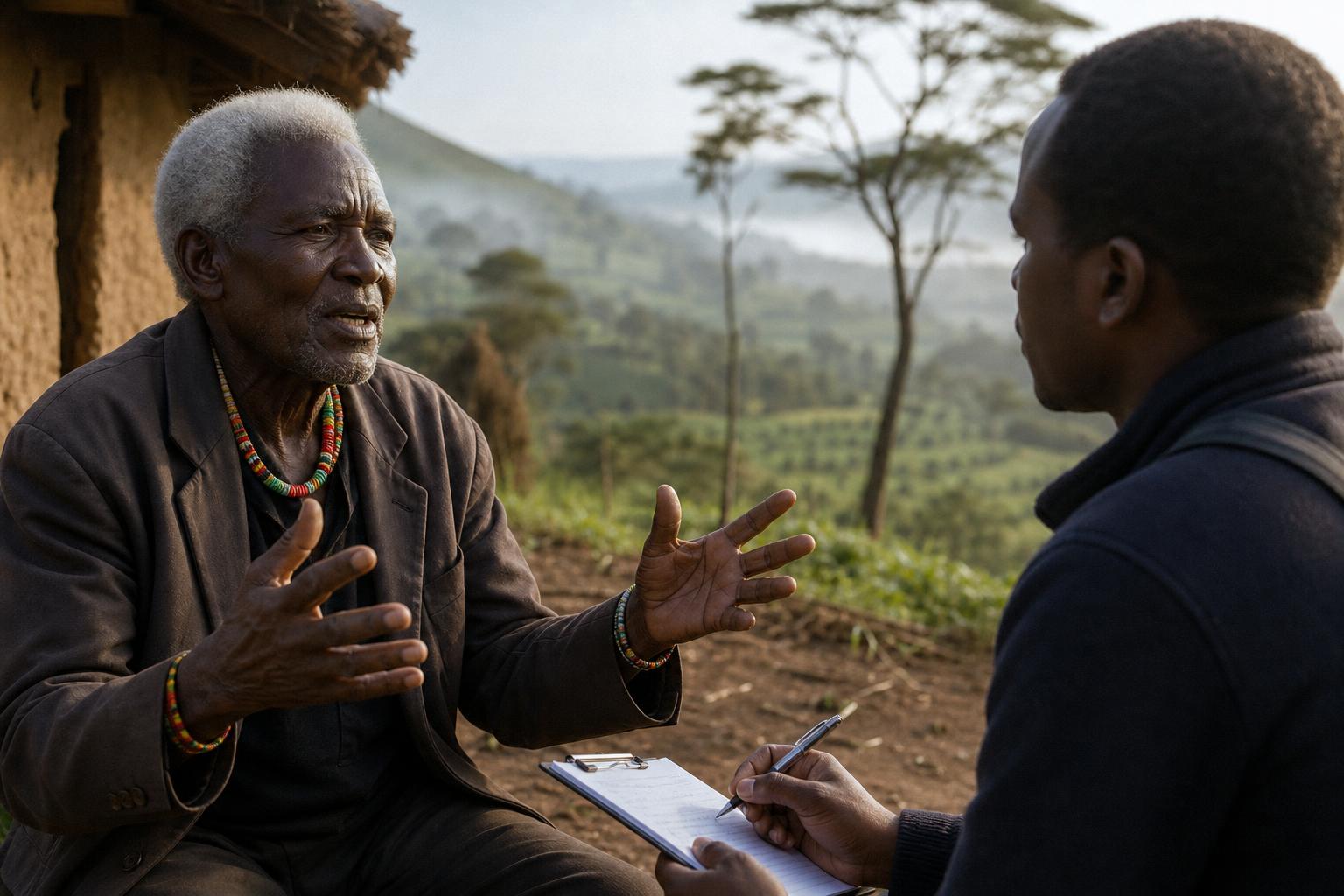 A documentary photograph of a respected elderly Kenyan knowledge holder sitting outside a rural homestead in the Central Kenya highlands, actively sharing oral history with a younger researcher who attentively takes notes under warm golden early morning light.