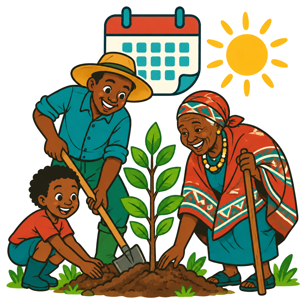 Illustration of a child, farmer and elder planting a tree together