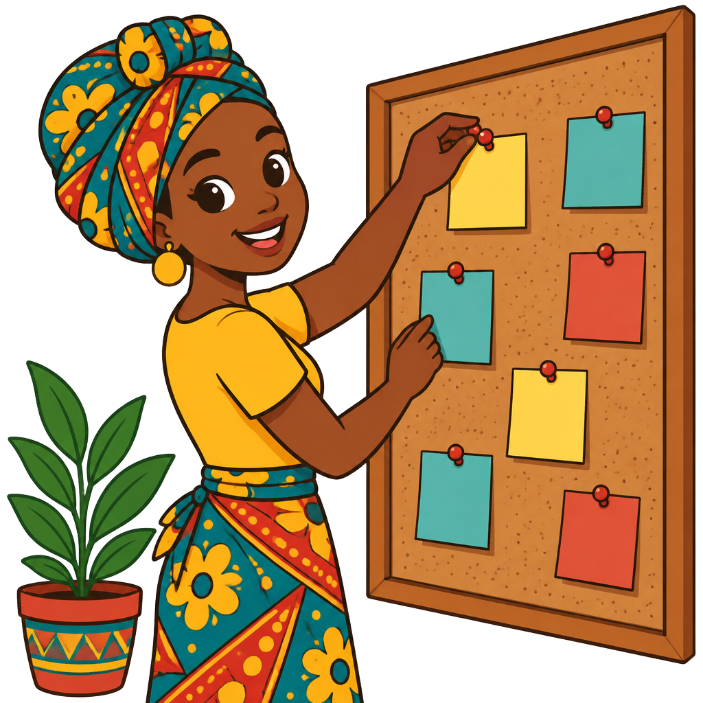 Illustration of a woman pinning notes to a noticeboard