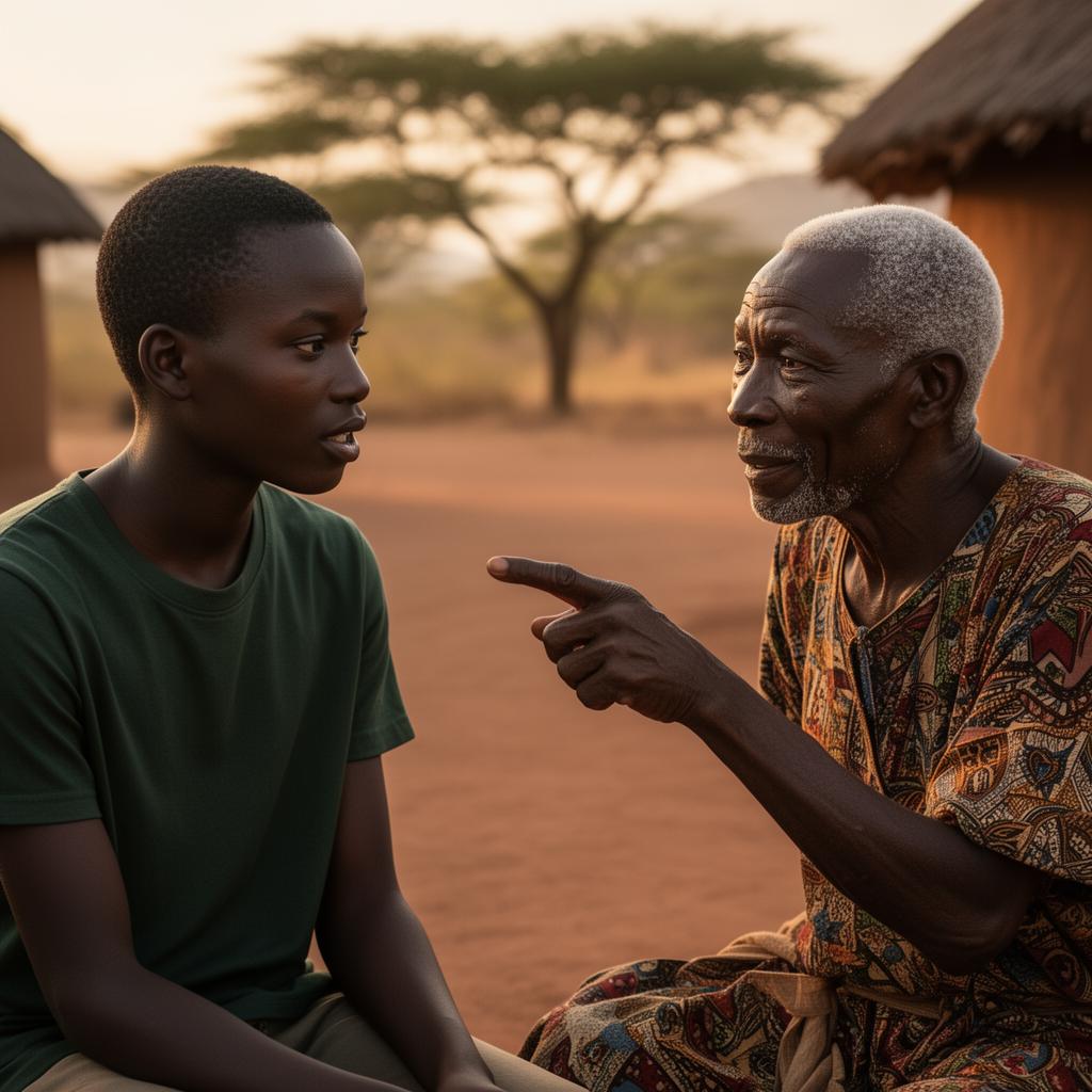 A young African volunteer engaging in a meaningful conversation with a respected Kenyan elder at golden hour, symbolizing connection and cultural preservation